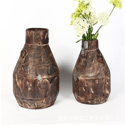 侘寂风美式古典木质花瓶花盆酒店客厅玄关插花艺装饰摆件 Show pictures