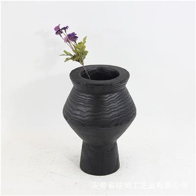 手制新中式碳化栗木黑色花瓶花盆家居别墅侘寂风装饰摆件 Show pictures